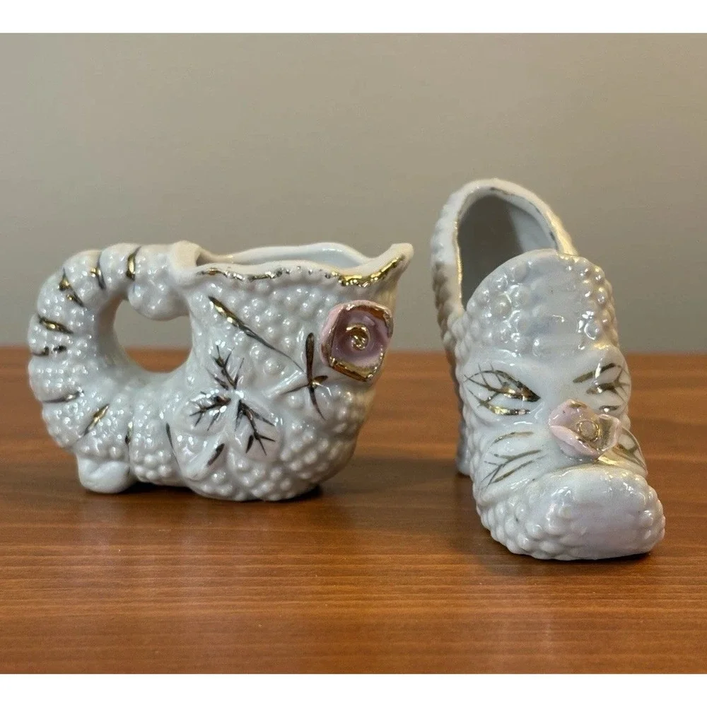 Vintage Mini Hobnail Japan Mini Planters Shoe Cornucopia Pink Roses Set of 2